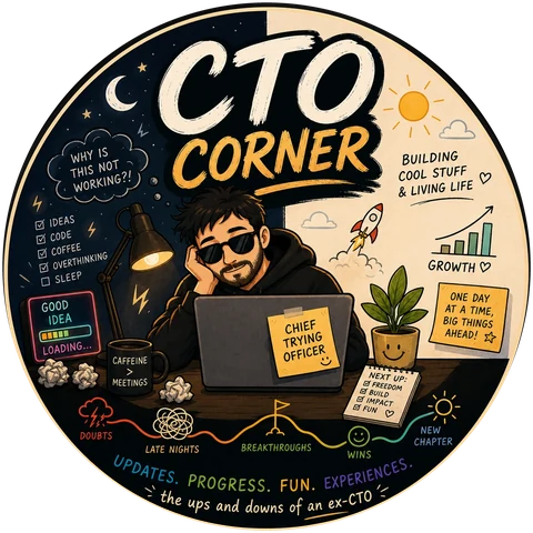 Illustration of the CTO Corner host at a laptop, half at night and half in daylight